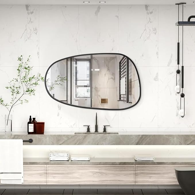 Black Irregular Bathroom Mirror for Wall, Aluminum Alloy Frame Asymmetrical Mirrors Brushed Metal Vanity Wall Mounted Mirror for LivingRoom Bedroom Room Home Decor Large 26"x14"