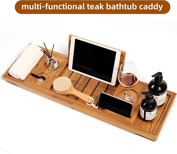 Expandable Teak Bathtub Tray - Luxury Wooden Bath Caddy & Tub Shelf, Over-The-Tub Bath Table with Book & Wine Glass Holder, Waterproof Bathroom Organizer for Spa Experience