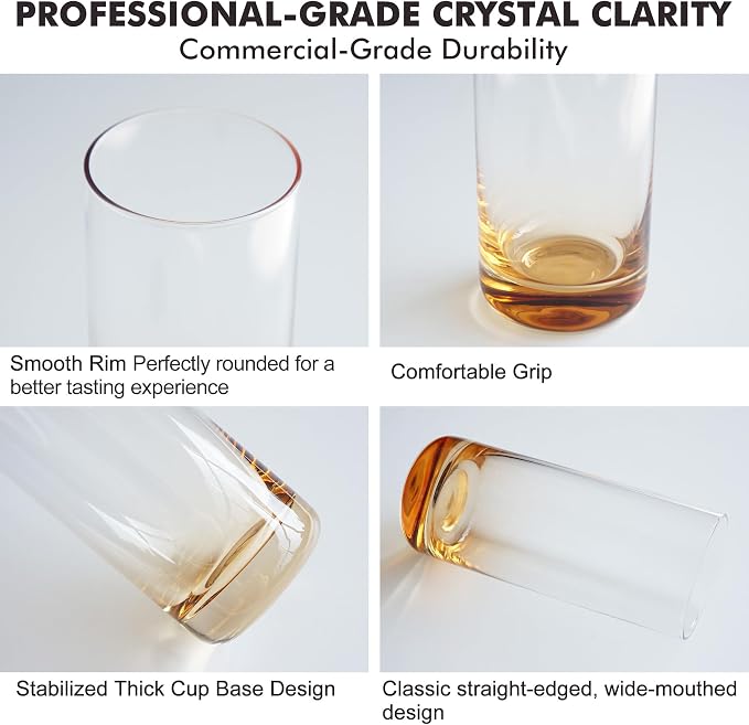 Amber Highball Glasses Set of 6,13oz Drinking Glass Cups for Mixed Drink Cocktail, Beer, Mojito, Water and Juice,Thick Tall Crystal Glassware for Kitchen, Restaurant, Home Bar and Parties