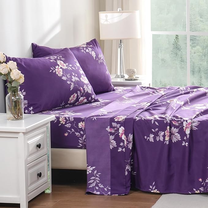 Bedlifes Queen Sheet Set Ultra Soft, Breathable, Silky Flower Deep Pocket 100% Microfiber Bedding, 4 Piece Queen Size Dark Purple Floral