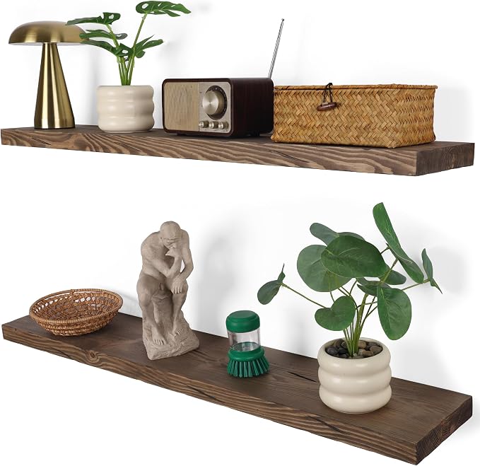 BGMG Floating Shelves 36 inch Long, Distressed Wide Rustic Wooden Wall Shelves for Bathroom Living Room Bedroom Kitchen Farmhouse Set of 2-36x6.7x1.25 inch-Distressed Walnut