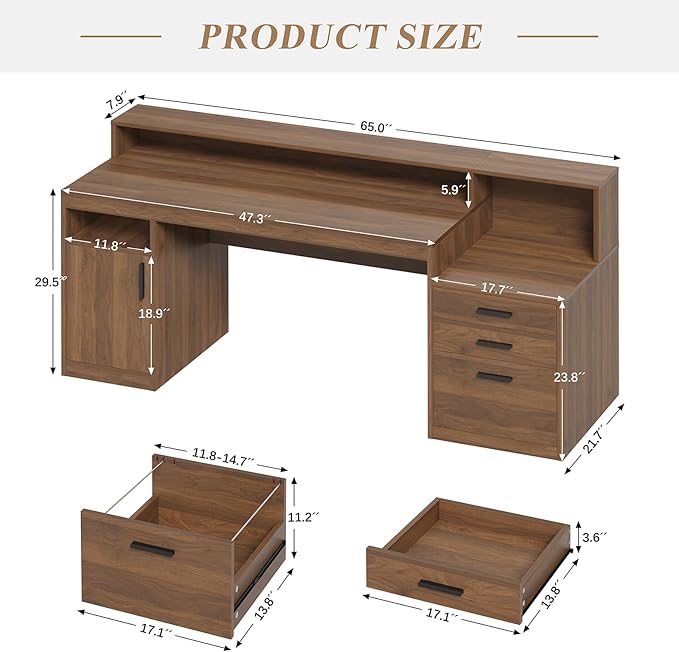 Computer Desk with 3 Drawers & Storage Shelves, 65 Inch Home Office Desk with File Drawer & Cabinet, Writing Study Desks with Monitor Stand & Printer Shelf, Executive Desk, Brown