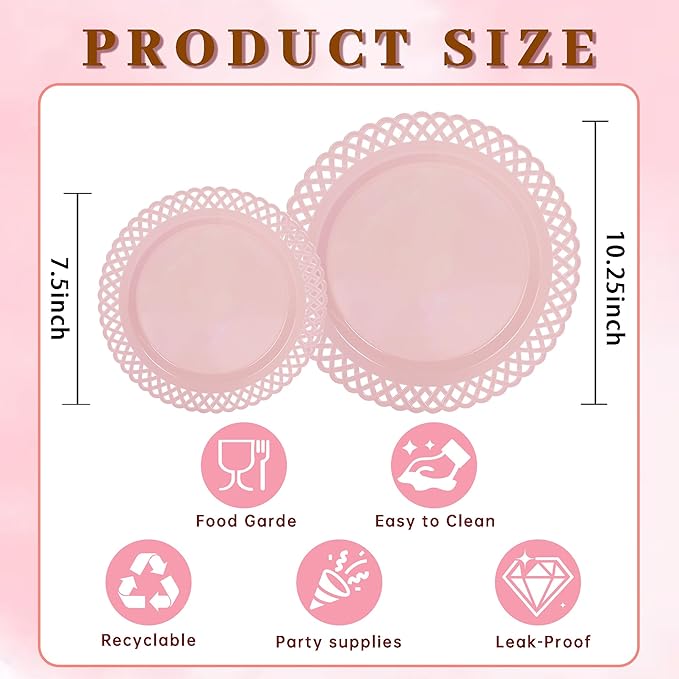 COLOSUS 60Pcs Pink Plastic Plates, Plastic Disposable Plates, Fancy Pink Scallop plates, Heavy Duty Lace Plate Set include 30 Dinner Plate 10” and 30 Salad/Dessert Plate 7.5”for Christmas