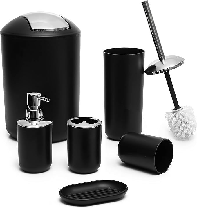Moss & Stone 6-Piece Bathroom Accessories Set – Black Plastic Bathroom Set with Soap Dispenser, Toothbrush Holder, Cup & Soap Dish – Modern Countertop Bathroom Decor