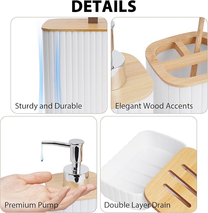 Bathroom Accessory Set - 10 Piece White Bathroom Sets Complete with Trash Can, Toothbrush Holder & Cup, Soap Dispenser, Soap Dish, Toilet Brush & Holder, Vanity Tray, Qtip Holder, Tissue Box Cover