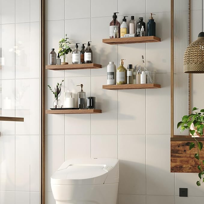 HOOBRO Floating Shelves for Wall, Wall Mounted Shelf Set of 2, 23.6" Hanging Shelf with Invisible Brackets, for Wall Decor Storage in Bathroom Bedroom Kitchen Living Room Office, Rustic Brown BF60BJ01