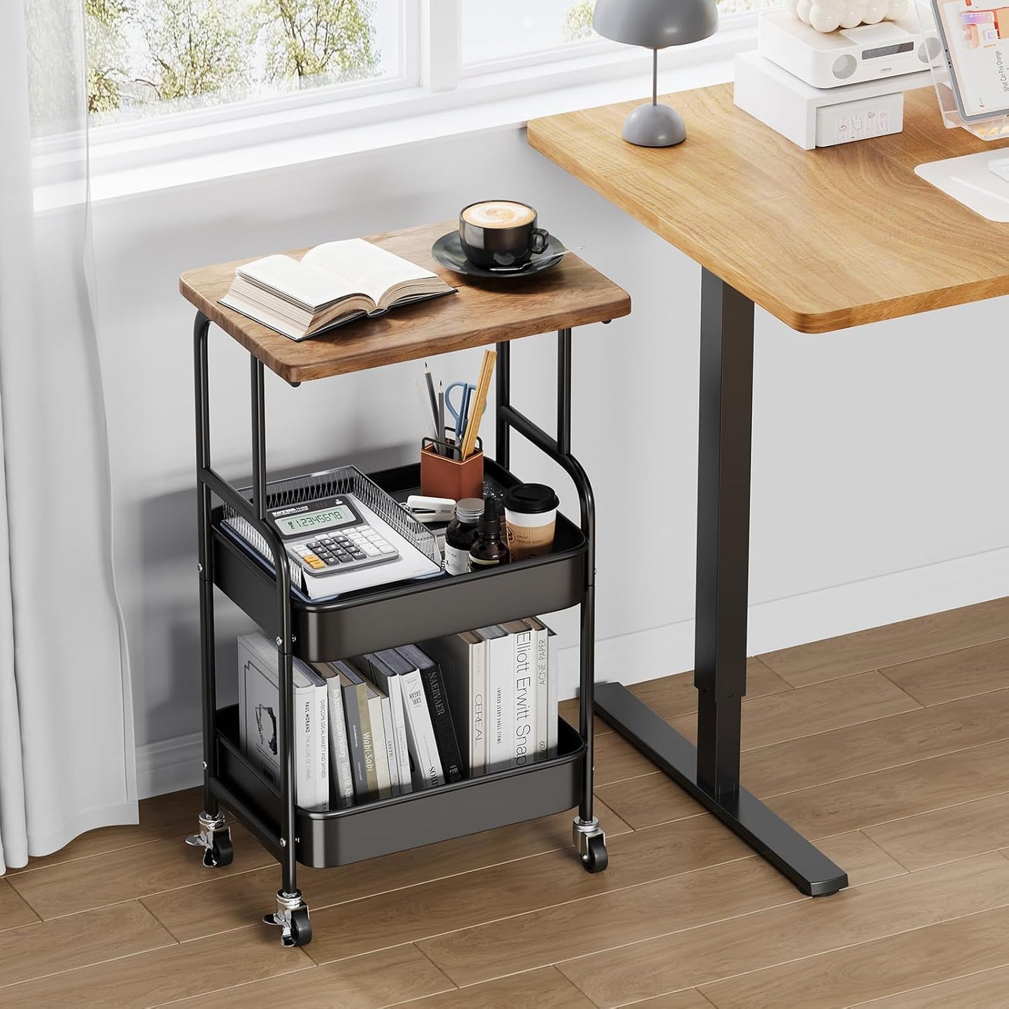 Skiennix Printer Stand - 3-Tier Rolling Cart with Wood Top & Storage Shelf | Mobile Utility for Office & Craft