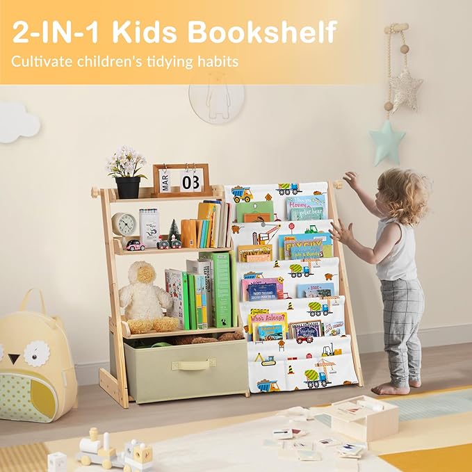 Kids Bookshelf and Toy Storage Organizer 2 in 1 Toddler Bookcase-4 Tier Book Shelf with Toy Box for Kids Room,Nursery,Playroom