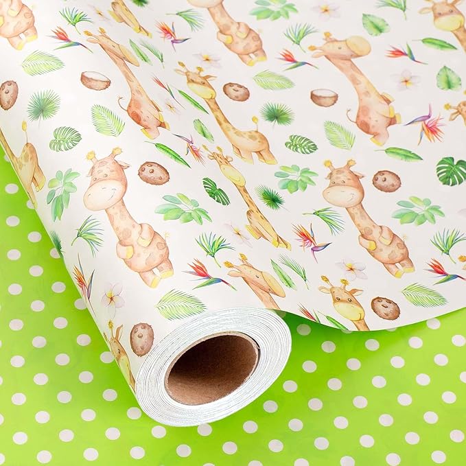 Burymento Giraffe Wrapping Paper, Reversible Dot Design Gift Wrap for Baby Shower, Birthday, Valentines, Mothers day, Graduation, Wedding, Fathers day, Christmas (17 Inch X 32.8 Feet)
