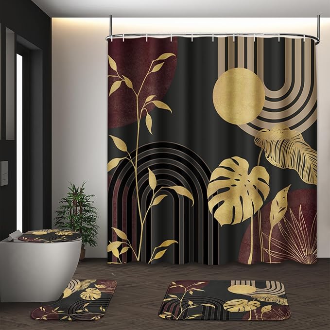 Boho Vintage Shower Curtain Set with Toilet Lid Cover and Non-Slip Rugs, Gold Tropical Minimalist Neutral Grey 4 Pcs Modern Minimalist Vintage Shower Curtain for Bathroom Set with 12 Hooks