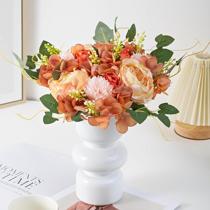 ASTRYAS 2 Bundles Artificial Flowers Bouquet, Fake Peony Silk Chrysanthemums Roses Faux Floral Arrangements for Home Decor Kitchen Table Centerpieces Decoration (Beige & Orange)