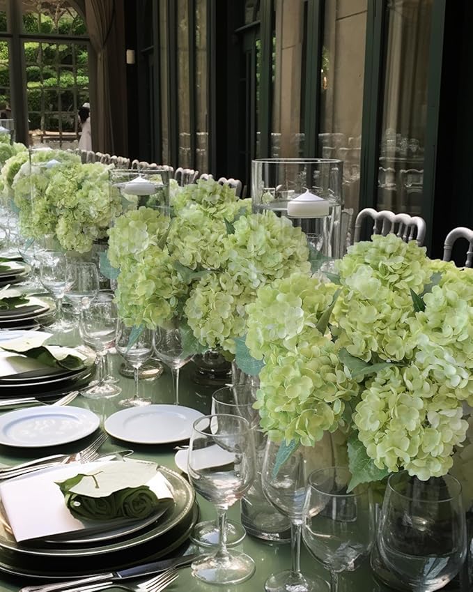6PCS Premium Green Hydrangea Artificial Flowers Bouquets, Silk Hydrangea Flowers Heads with Stems, Fake Hydrangeas Flowers Arrangement, Faux Hydrangea Decor for Home Wedding Party Table Centerpieces