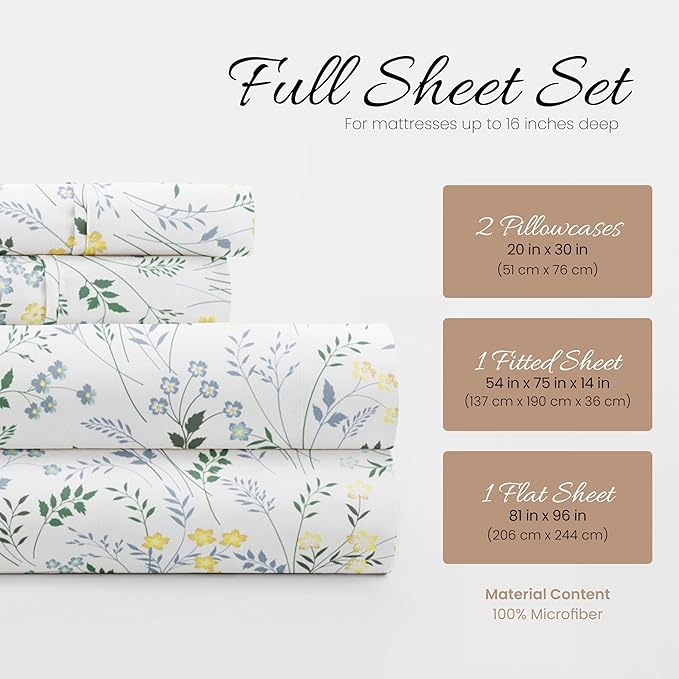 Linen Market Double-Brushed Patterned Microfiber Full Sheet Set 4 Piece – Oeko-TEX Certified Ultra Soft & Wrinkle-Free - 16" Deep Pocket Sheets - Easy Care Full Size - Wildflower Light Blue