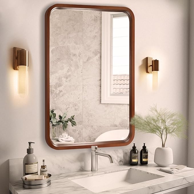 WallBeyond 20x30 Inch Wood Mirror for Bathroom, Wooden Frame Wall Mirror Farmhouse Wall Mounted Rectangle Mirror for Vanity (Horizontal/Vertical Walnut Color)