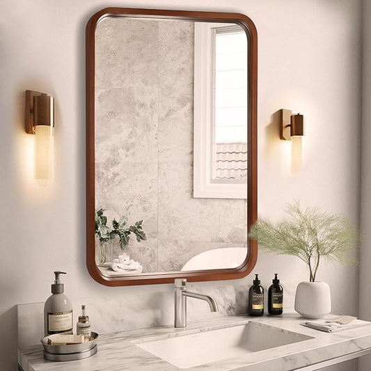 WallBeyond 20x30 Inch Wood Mirror for Bathroom, Wooden Frame Wall Mirror Farmhouse Wall Mounted Rectangle Mirror for Vanity (Horizontal/Vertical Walnut Color)