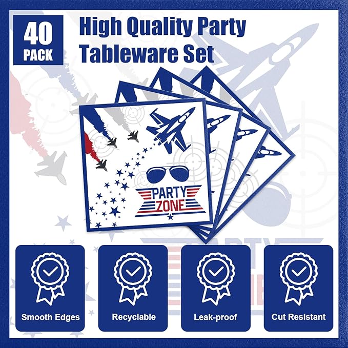 40Pcs Air Force Party Decorations Navy Blue Birthday Plates and Napkins Sets for Airplane Party Favors Supplies Air Force Decorations for Boys Baby Shower Birthday Decor