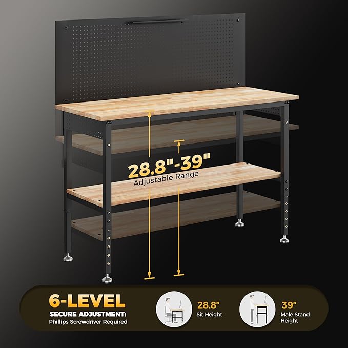 60" Work Bench Adjustable Height with Storage Shelf, Max Load 2000 LBS Heavy Duty Rubberwood Tabletop with Pegboard, LED Light, Built-in Power Strip for Woodworking Shop, Garage, Home