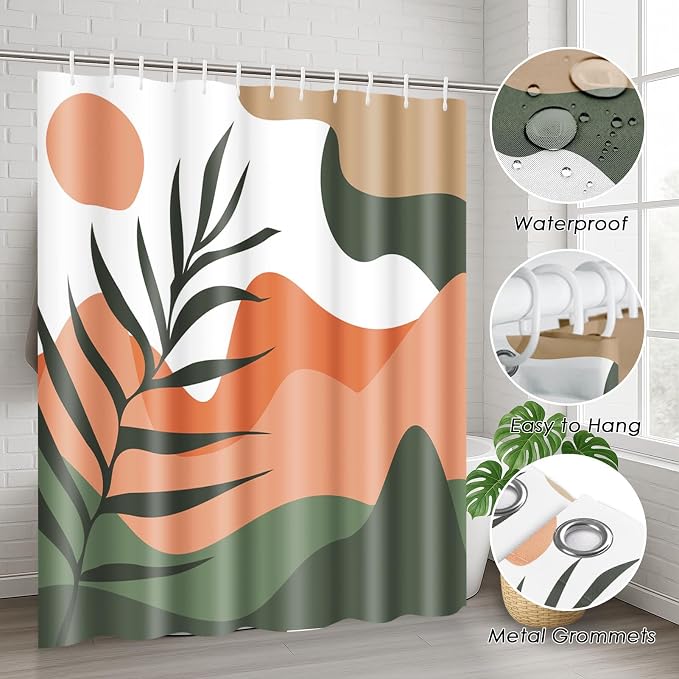 Boho Mid Century Shower Curtain Set with Toilet Lid Cover and Non-Slip Rugs, Abstract Sun Mountain Plants 4 Pcs Modern Shower Curtain for Bathroom Set with 12 Hooks