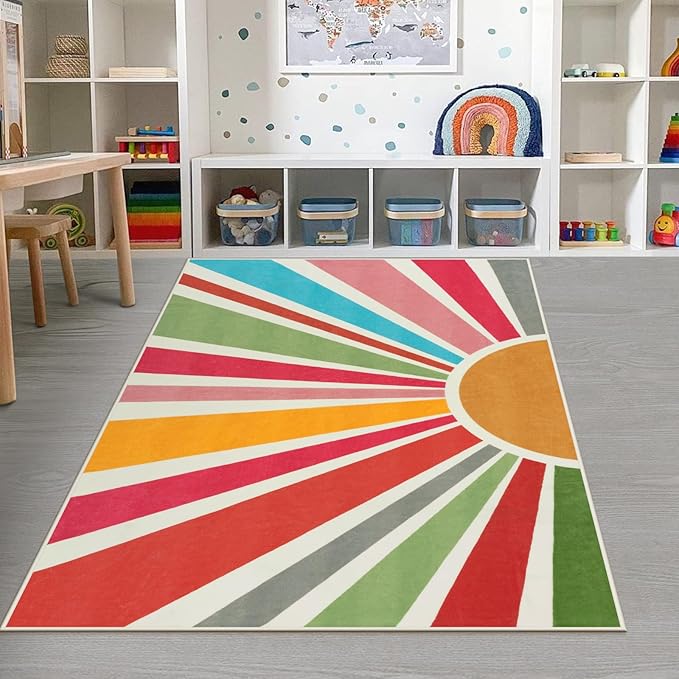 STARUIA Kids Rug 5'x7', Boho Washable Rainbow Nursery Rug, Non-Slip Soft Carpet for Playroom, Classroom, Office, Dining Room