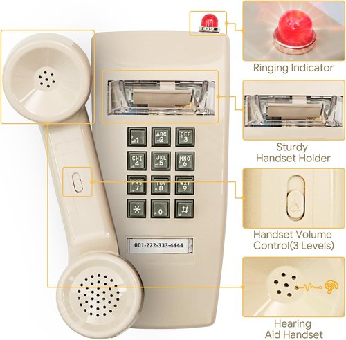 Sangyn Retro Wall Phone - Mechanical Ringer Corded Telephone for Home & Kitchen | Beige, Waterproof Design