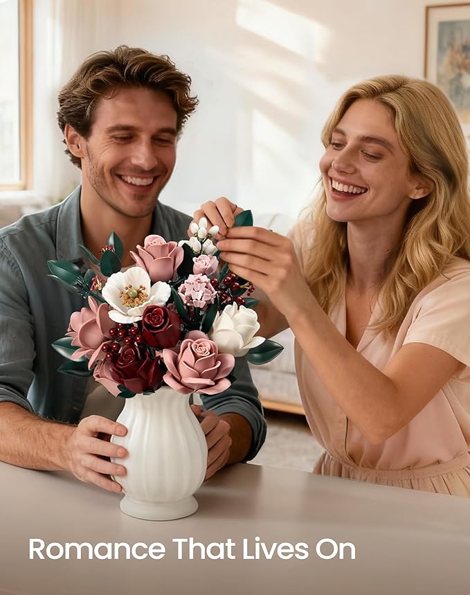 iATOM Pink Roses Flower Bouquet Building Set, Artificial Flowers Botanical Collection Kit for Adults Women & Men - Gift for Christmas, Home Room Office Shelf Centerpieces Decor - IA11022