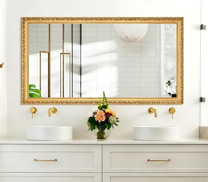 Large Vintage Decorative Mirror for Wall Decor, 52'' x 28'' Gold Antiuqe Living Room Mirror with Ornate Frame, Traditional Vintage Gold Mantle Mirrors, Horizontal/Vertical