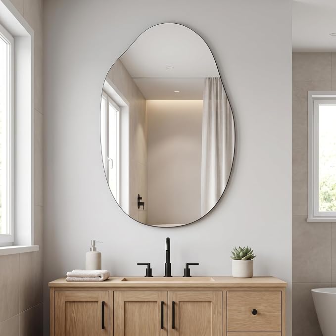 BEAUTYPEAK Asymmetrical Mirror, 22 x 32 Inches Irregular Wall Mirror, Wood Frame Unique Shape Wall Mounte, Decorative for Living Room Bedroom Entryway Hallway