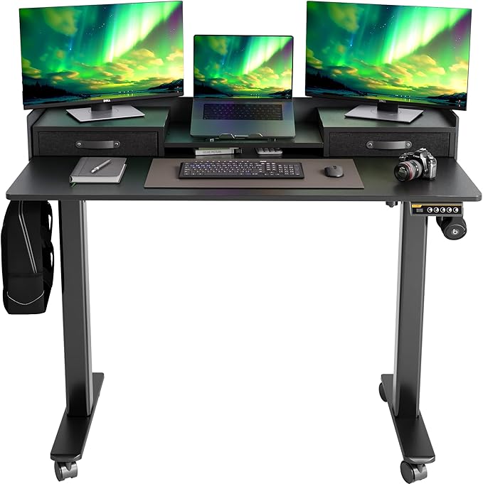Claiks Standing Desk with Drawers, Stand Up Electric Standing Desk Adjustable Height with Storage Shelf and Splice Board, 55 Inch, Black