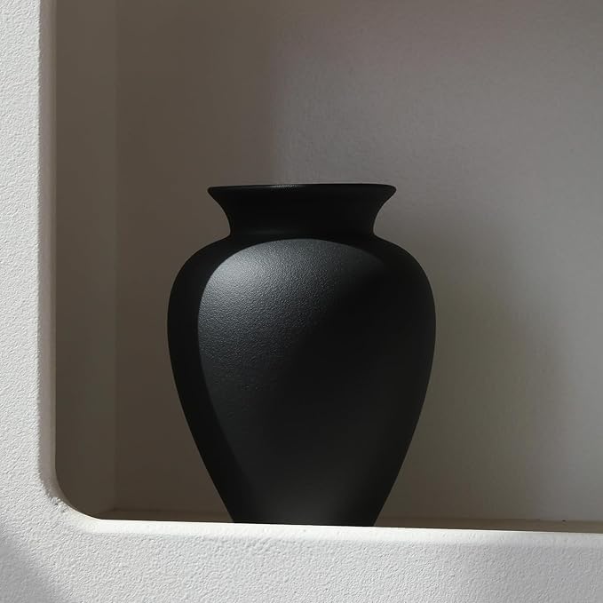 Black Ceramic Flower Vase, Decorative Jar Modern Centerpiece Table Decorations,Rustic Ceramic vases for Home Decor Dining Room,Wide Mouth Ceramic vase for Kitchen Utensils