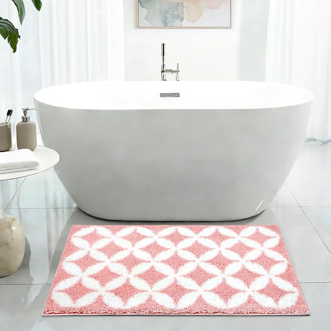 Civkor Pink and White Bathroom Rug Non Slip Washable, Cute Bath Mat for Bathroom with TPR Backing, Quick Dry Fluffy Microfiber Piles, Super Water Absorbent Thin Bath Rug Fit Under Door, 24x16Inch