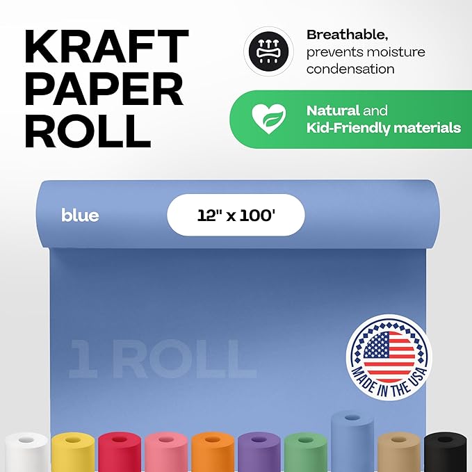 12" x 1200" (100 feet) Blue Kraft Paper Roll - USA-Made Quality Craft Paper for Gift Wrapping, Kids' Arts & Crafts, School Projects - 100% Recycled Natural Material 50lb Thickness by IDL Packaging