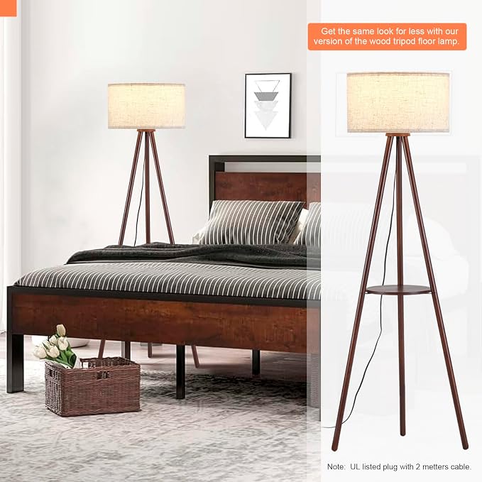 BTP Wood Tripod Floor Lamp for Living Room, 3 Color Temparature LED Bulb Included, Mid Century Modern Wooden Shelf Floor lamp with Linen Shade for Bedroom, Office, Walnut Wood Color