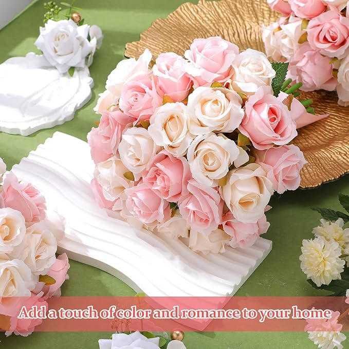 Jexine 240 Pcs Artificial Rose Flowers Bouquet Silk Realistic Flowers Bulk Centerpieces DIY Bride Fake Rose for Home Bridal Wedding Party Decorations(Pink and White)