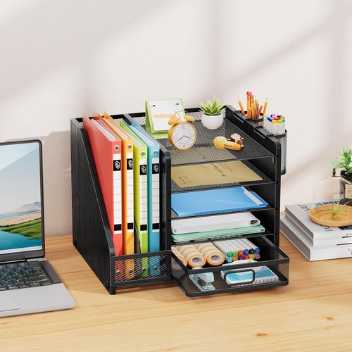 Marbrasse Desk Organizer - 5-Tier Paper Tray with Drawer & 2 Pen Holders | Mesh Storage for Office Supplies - Wood Black