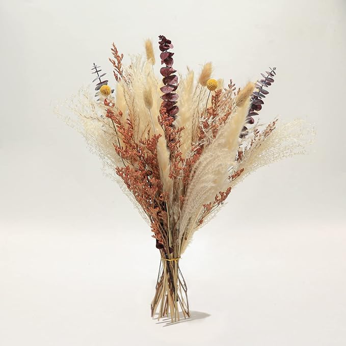 Musunny Dried Flower Bouquet,17" Fall Dried Flowers for Vase,Boho Pampas Grass Decor for Farhouse Home Room Office Decoration (Red)