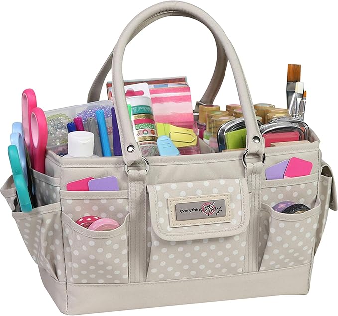 Everything Mary Deluxe Store & Tote Organizer – Tan Dot Craft Tote with Handle – Art Supply Caddy for Sewing, Scrapbooking, DIY Projects & Creative Tool Storage