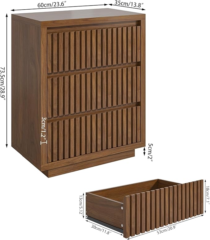 Fluted 3 Drawer Dresser, Mid Century Small Dresser for Bedroom, Wood Chest of Drawers, Modern Closet Clothes Organizer, Walnut Wooden Storage for Living Room, Brown