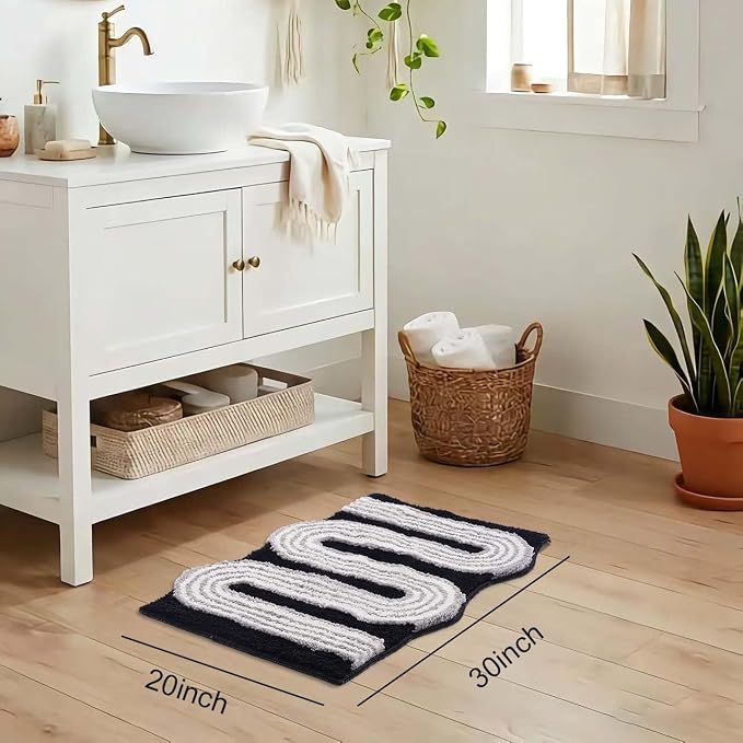 Wavy Boho Bathroom Rugs, Cute Retro Scalloped Bath Mat with Funky Geometric Design, Black Room Decor Cool, Machine Washable Soft Non-Slip Bath Rug, Black and White Bathroom Rugs, 30" x 20"