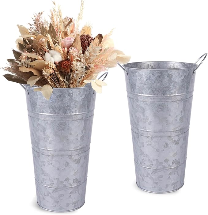 12 Inch Galvanized Metal Vases for Flowers - 2 Pcs Farmhouse Decorative Tall Flower Bucket with Handles, Rustic French Tin Planter Buckets for Wedding Decor (Silver)
