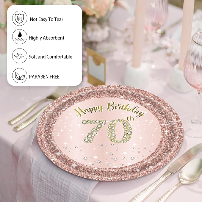 72 Pcs 70th Birthday Paper Plates and Napkins Party Supplies, Rose Gold 70th Birthday Party Plates and Napkins Tableware Set for Men Women Cheers to 70 Years Birthday Party Decorations Serves 24