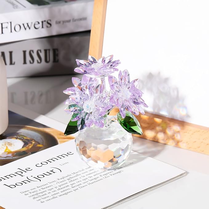 YWHL Purple Crystal Flower Figurines Decor, Beautiful Glass Flower Statue with Crystal Stand, Art Collectible Figurine Gifts for Wife Girlfriend