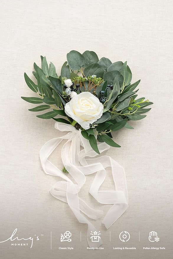 Ling's moment Artificial Flowers White Bridesmaid Bouquet, White and Sage Wedding Flowers Bouquets for Bridesmaids, 7 Inch Bridal Bouquets for Bridesmaids, Wedding, Ceremony, Anniversary, etc