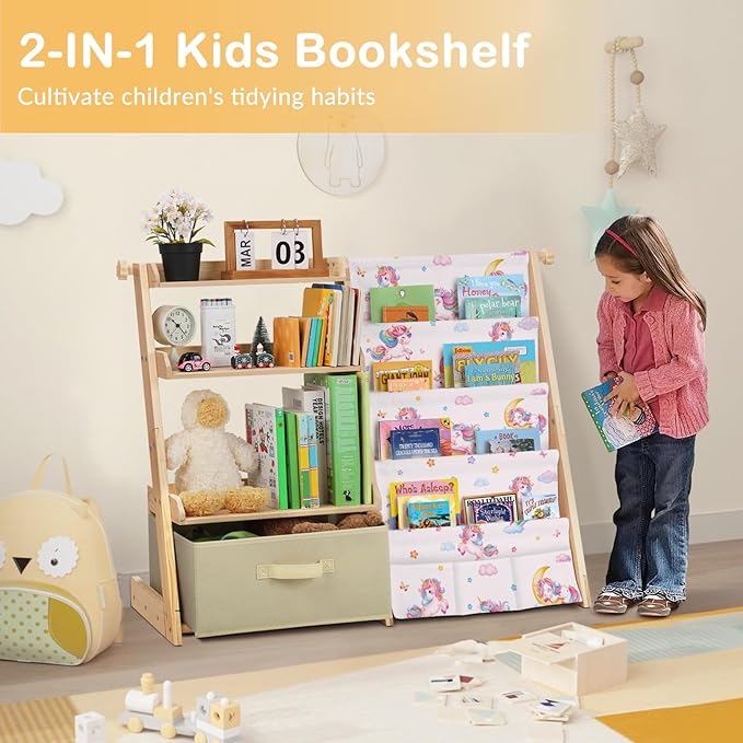 Kids Bookshelf and Toy Storage Organizer Wooden 2 in 1 Toddler Bookcase-4 Tier Book Shelf with Toy Box for Kids Room,Nursery,Playroom