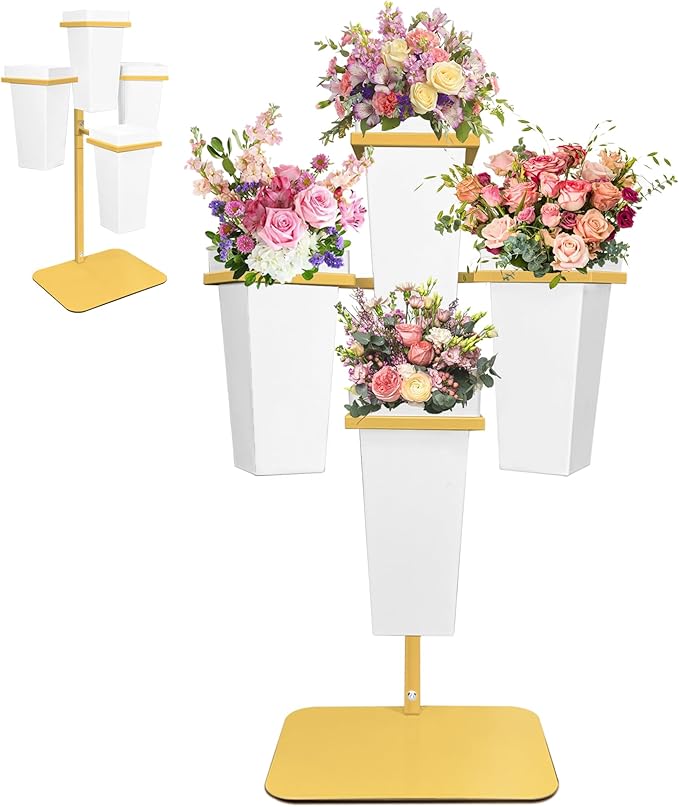PROLEE Flower Display Stand with Buckets, Wedding Flower Cart Display Stand with Wheels,Flower Stand for Wedding Party, Events and Garden Decor (White)