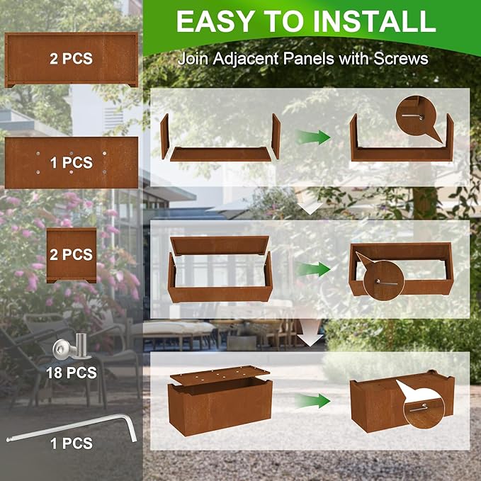 Large Planters for Outdoor Plants 32"L x 15"W x 15"H, Co-rten Steel Planter Box with 6 Drainage Holes, Raised Bottom, All-Weather Garden Planter Box for Patio, Lawn, Commercial & Residential