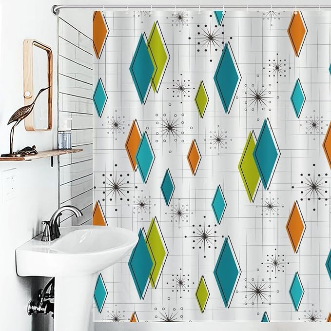 Mid Century Modern Shower Curtain,Abstract Atomic Starburst Geometric Diamond Pattern Shower Curtains Set for Bathroom Fabric Decorative Bath Curtain Washable Curtain Hooks, 72x72 in