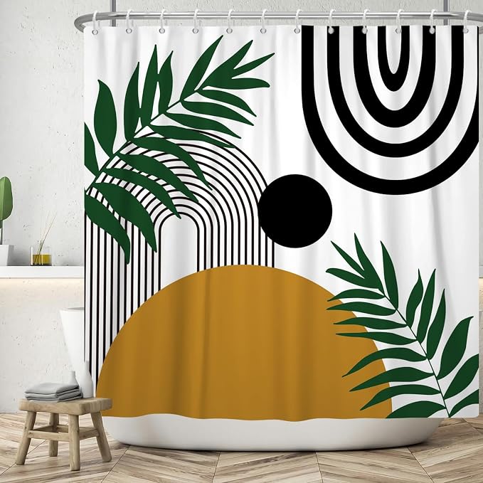 Boho Mid Century Shower Curtain Bohemian Abstract Modern Sun Bathroom Curtain Geometric Arch Curve Leaves Polyester Shower Curtain Sets for Bathroom Extra Long 72x72 in with 12 Hooks
