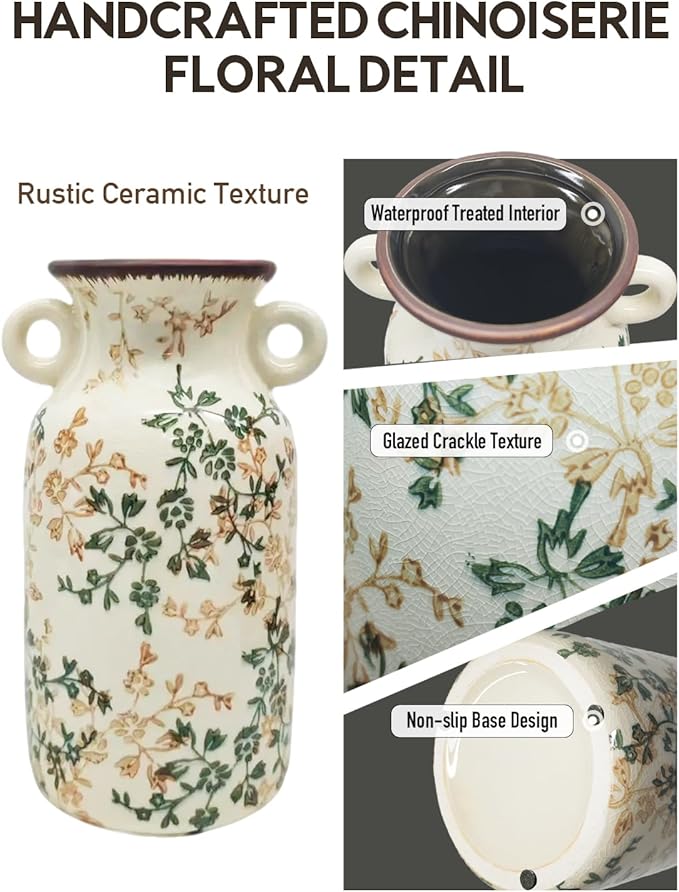 Vintage Ceramic Flower Vase Home Decor - Tabletop Rustic Tall Vase for Decor Living Room Bookshelf Office Kitchen Farmhouse, White Vases for Bouquet, Symmetric Holes | Grand Millennial | 9.1inch