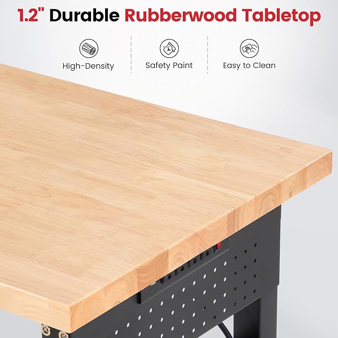 Workbench 72 x 24 Inch Heavy Duty Adjustable Height Work Table with Power Outlets & Extended Pegboard 5000 lbs Load Capacity for Garage, Workshop, Home, Office