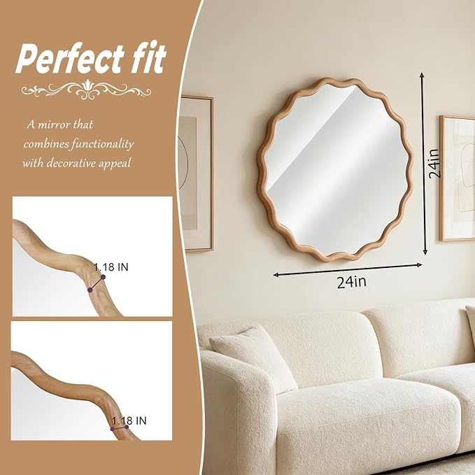 24" Wavy Edge Round Mirror, Solid Wood Framed Wall Decor with Clear Reflection for Bathroom, Bedroom, Living Room & Entryway (Solid Wood)